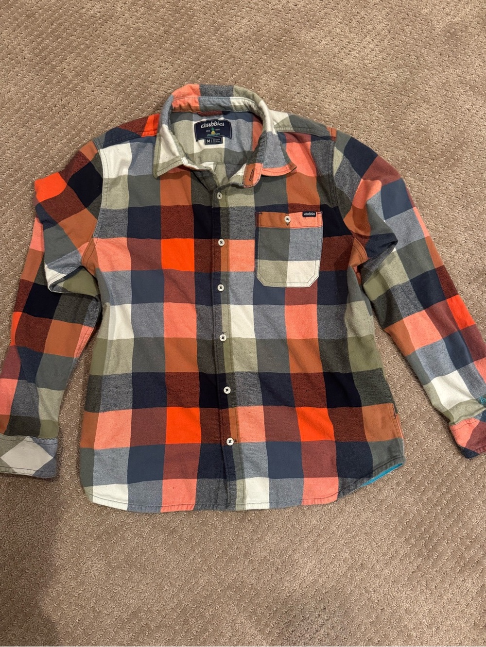 Chubbies Men’s Medium Plaid Flannel Button Down Shirt Orange Navy Green